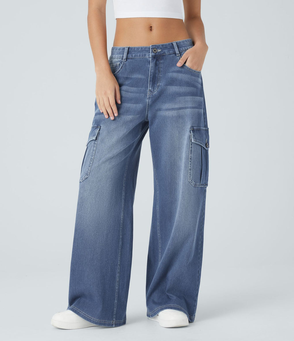 Jean cargo décontracté Halara Flex™ à taille basse, jambes larges, poches multiples et tissu extensible