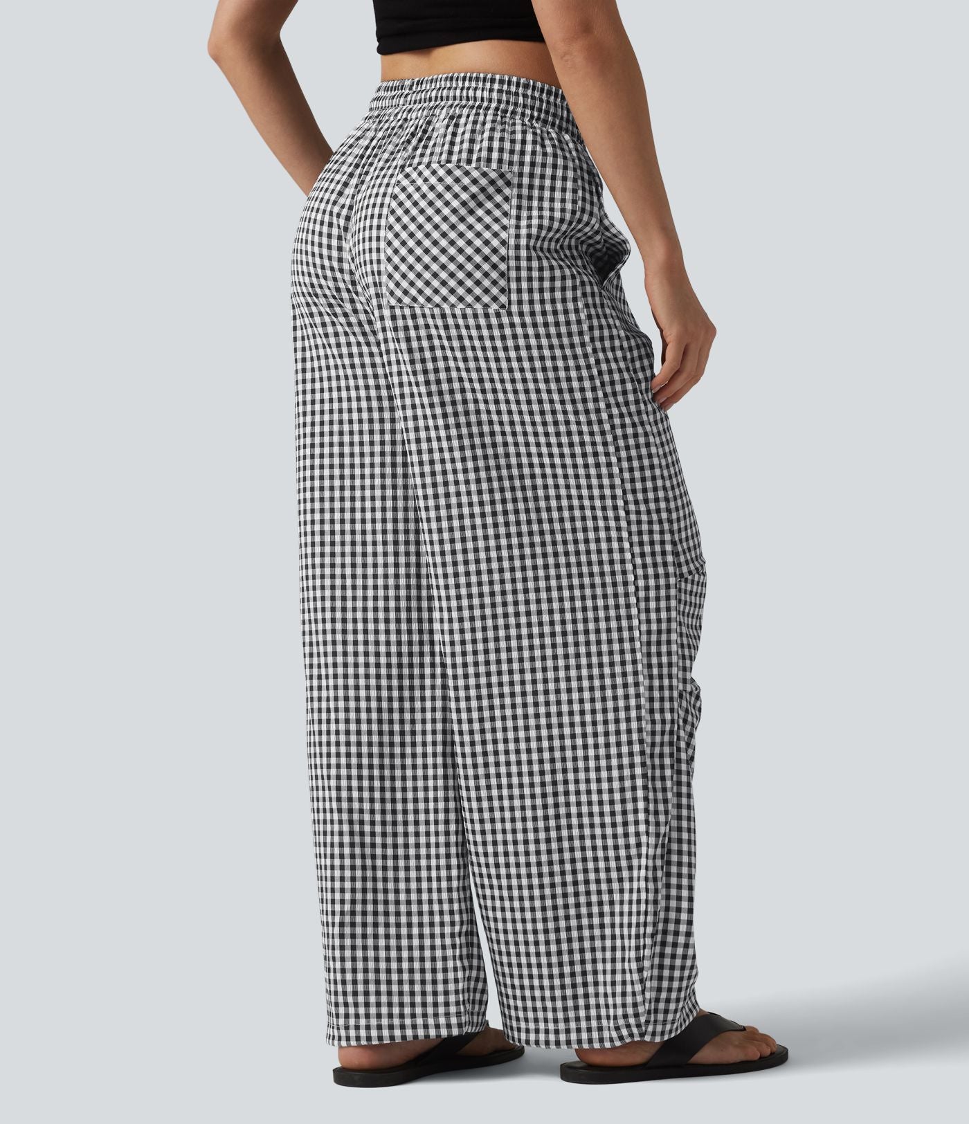 Pantalon ample décontracté à carreaux vichy, taille mi-haute, cordon de serrage et poches