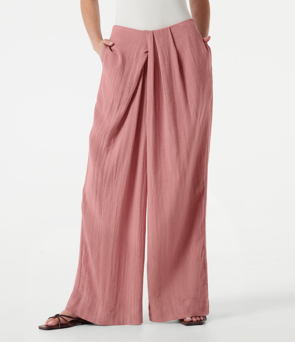 Pantalon ample décontracté effet lin, taille moyenne, à poches