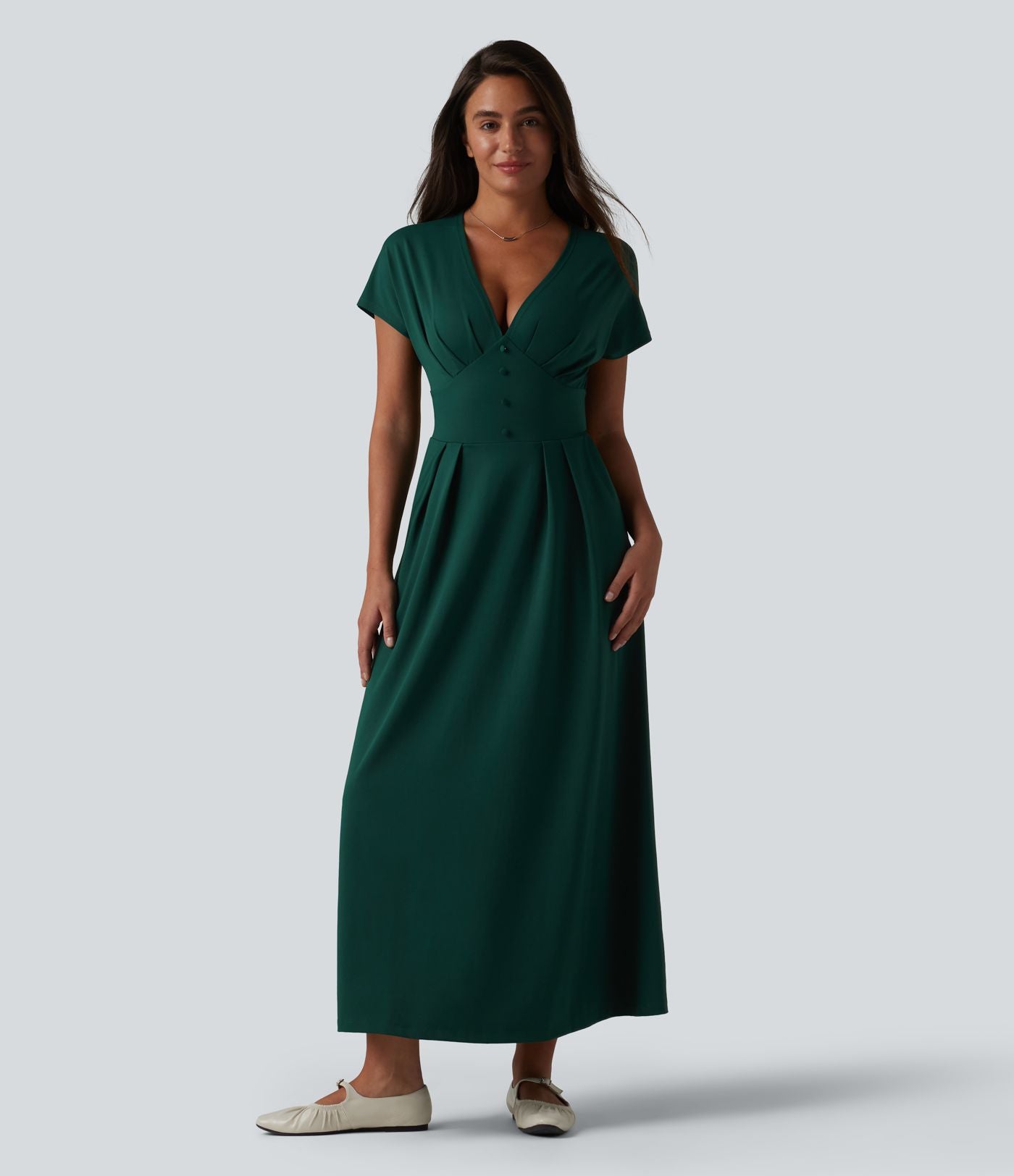 Robe midi à manches courtes chauve-souris et col en V avec poches