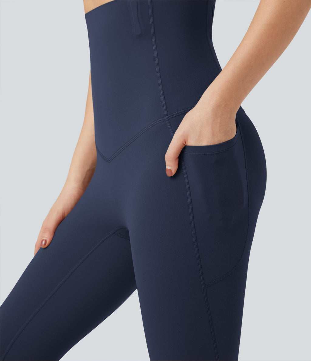 Pantalon large fluide décontracté gainant taille haute avec poches
