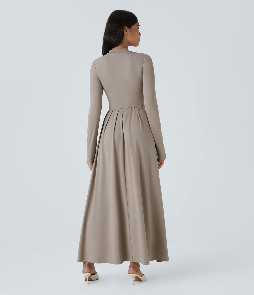 Robe longue décontractée à col montant, manches longues, plissée, avec poches latérales et coupe évasée