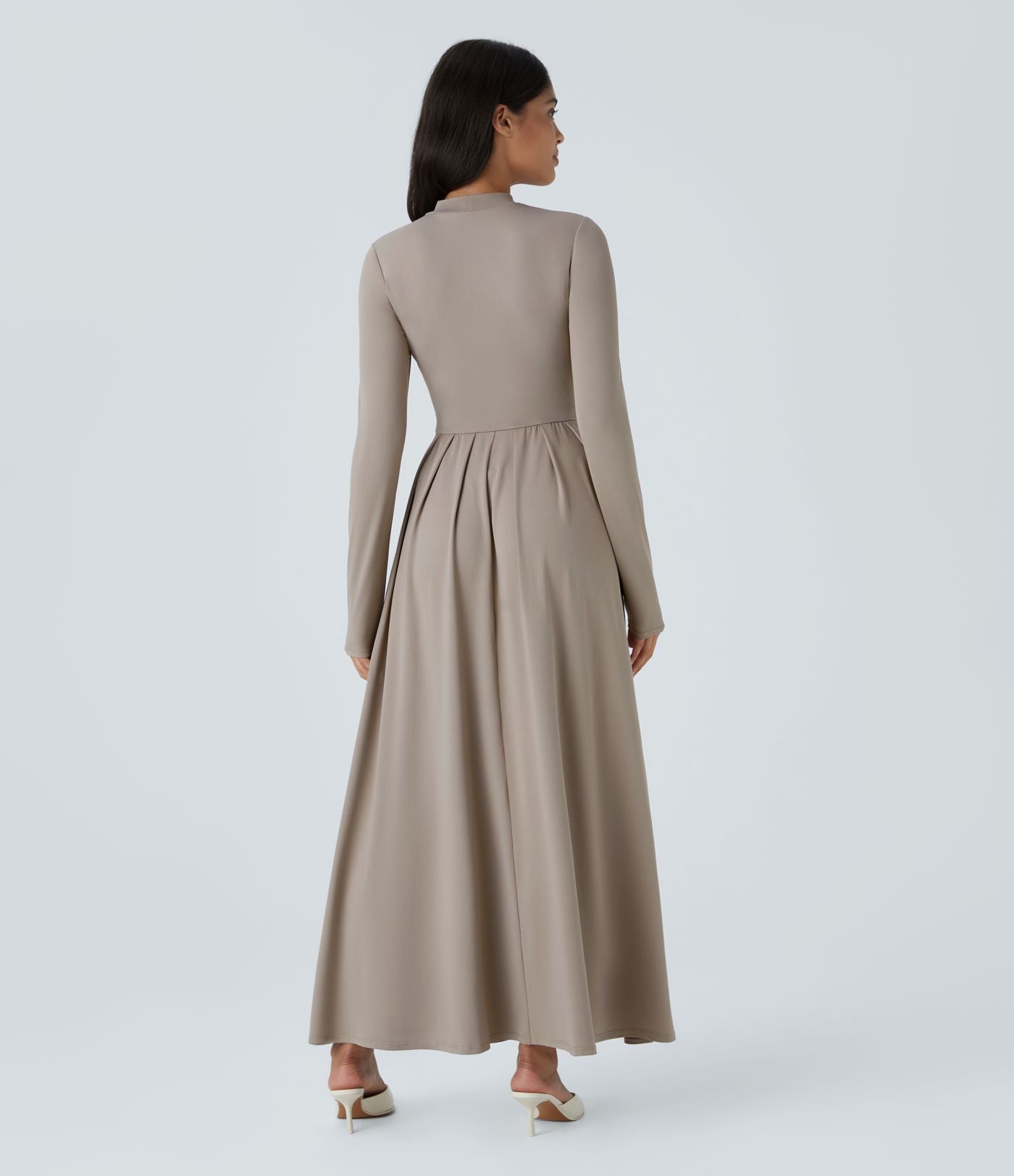 Robe longue décontractée à col montant, manches longues, plissée, avec poches latérales et coupe évasée
