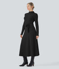 Robe longue côtelée col montant ceinturée manches longues