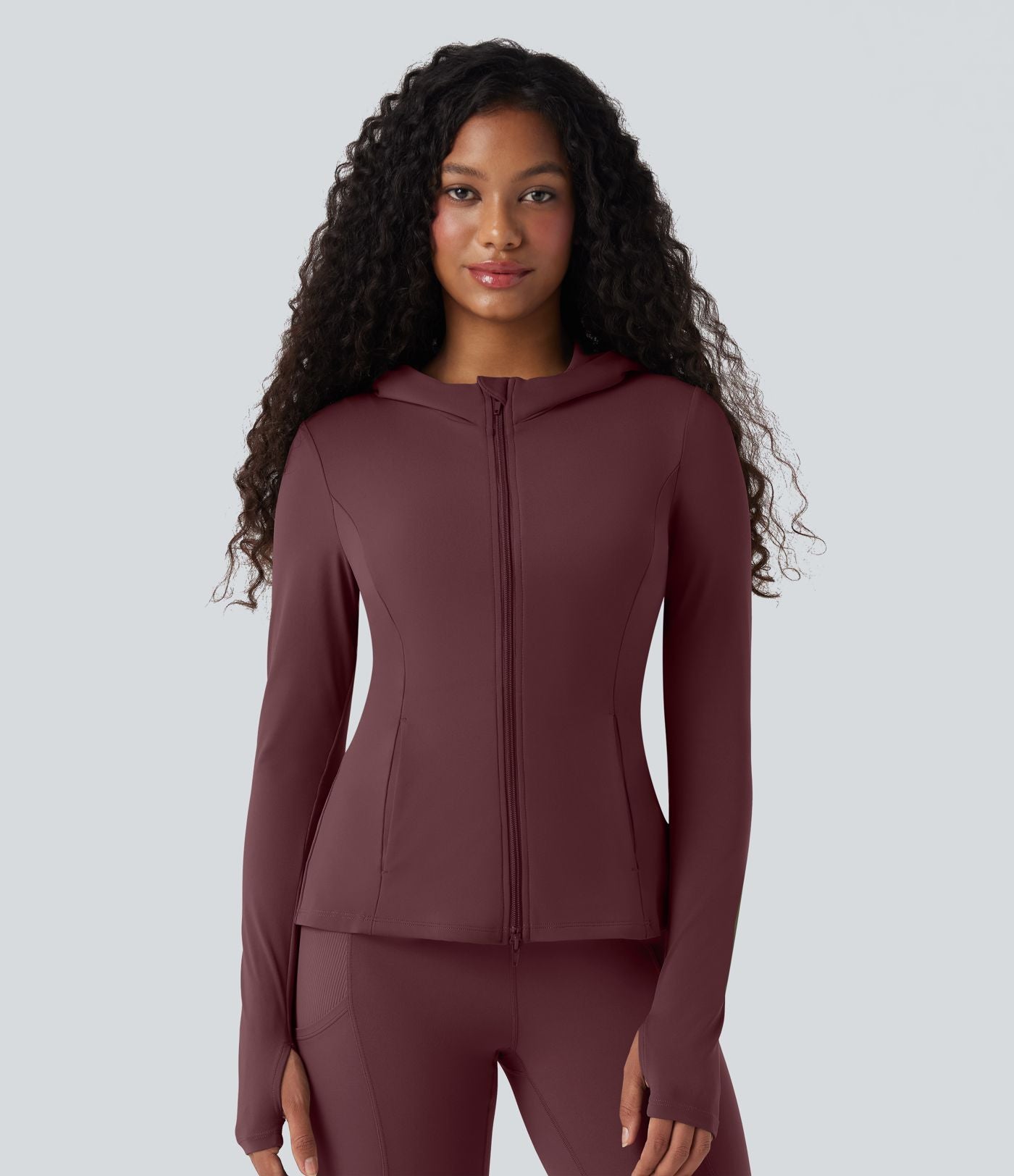 Veste SoftlyZero™ à capuche manches longues avec trous pouces détails plissés et poches-UPF50+