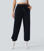 Pantalon décontracté chenille gaufré taille haute avec cordon de serrage et poches