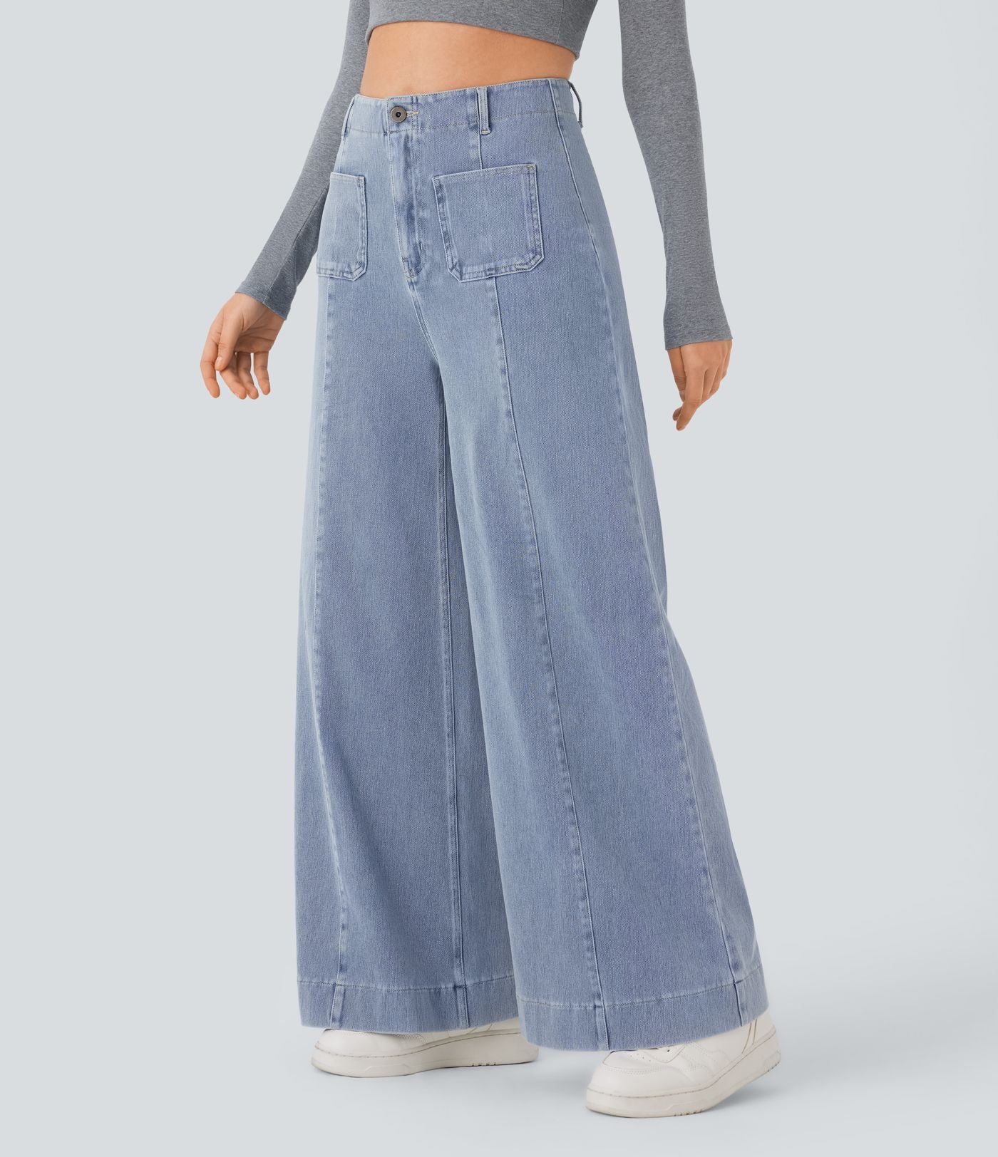 Halara Flex™ Jean large Palazzo et Taille Haute avec Poches Avant en Tricot Extensible Lavé