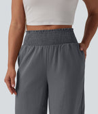 Pantalon large décontracté froncé taille haute aspect lin avec poches
