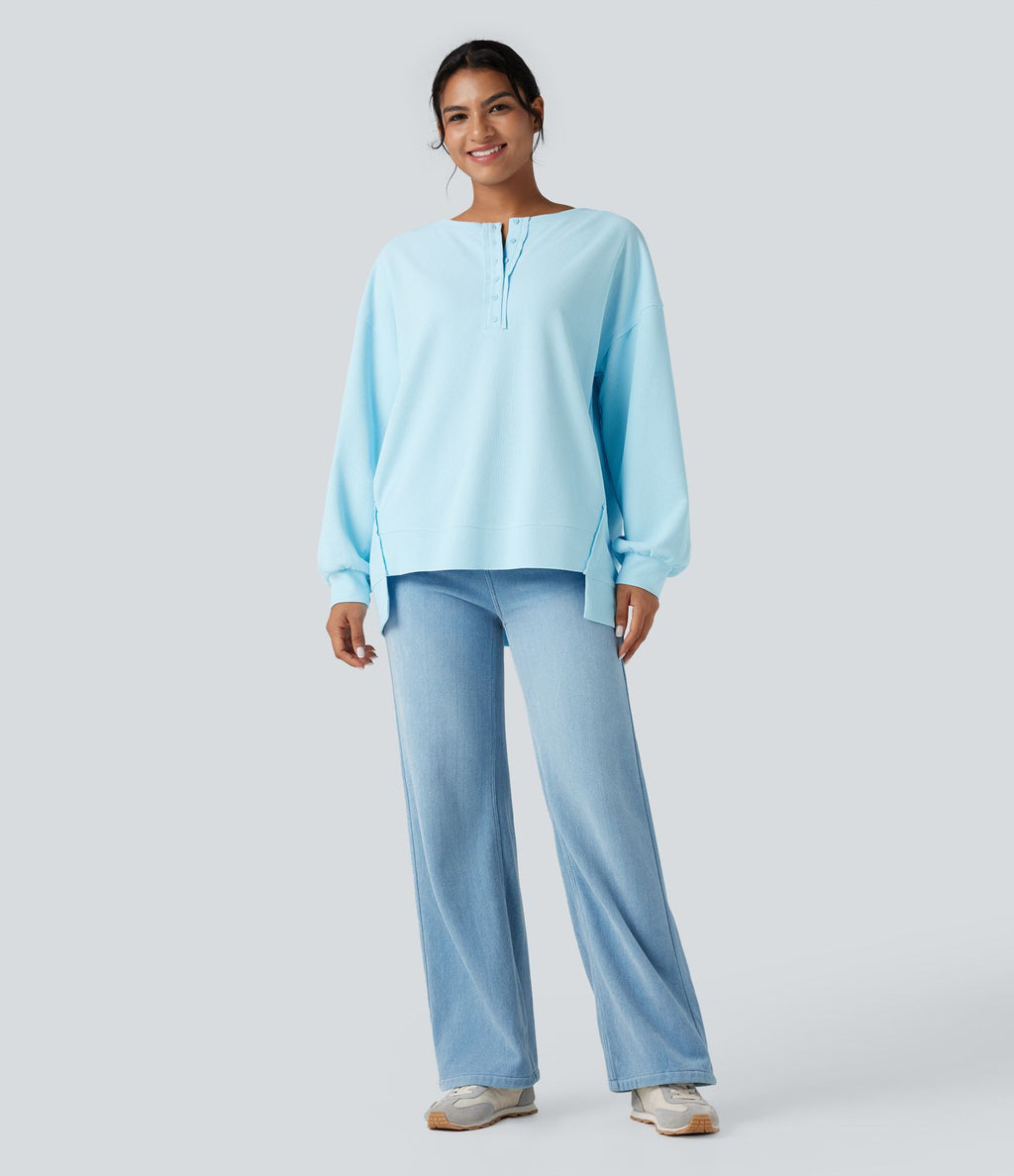 Sweat-shirt gaufré henley oversize manches longues avec poches