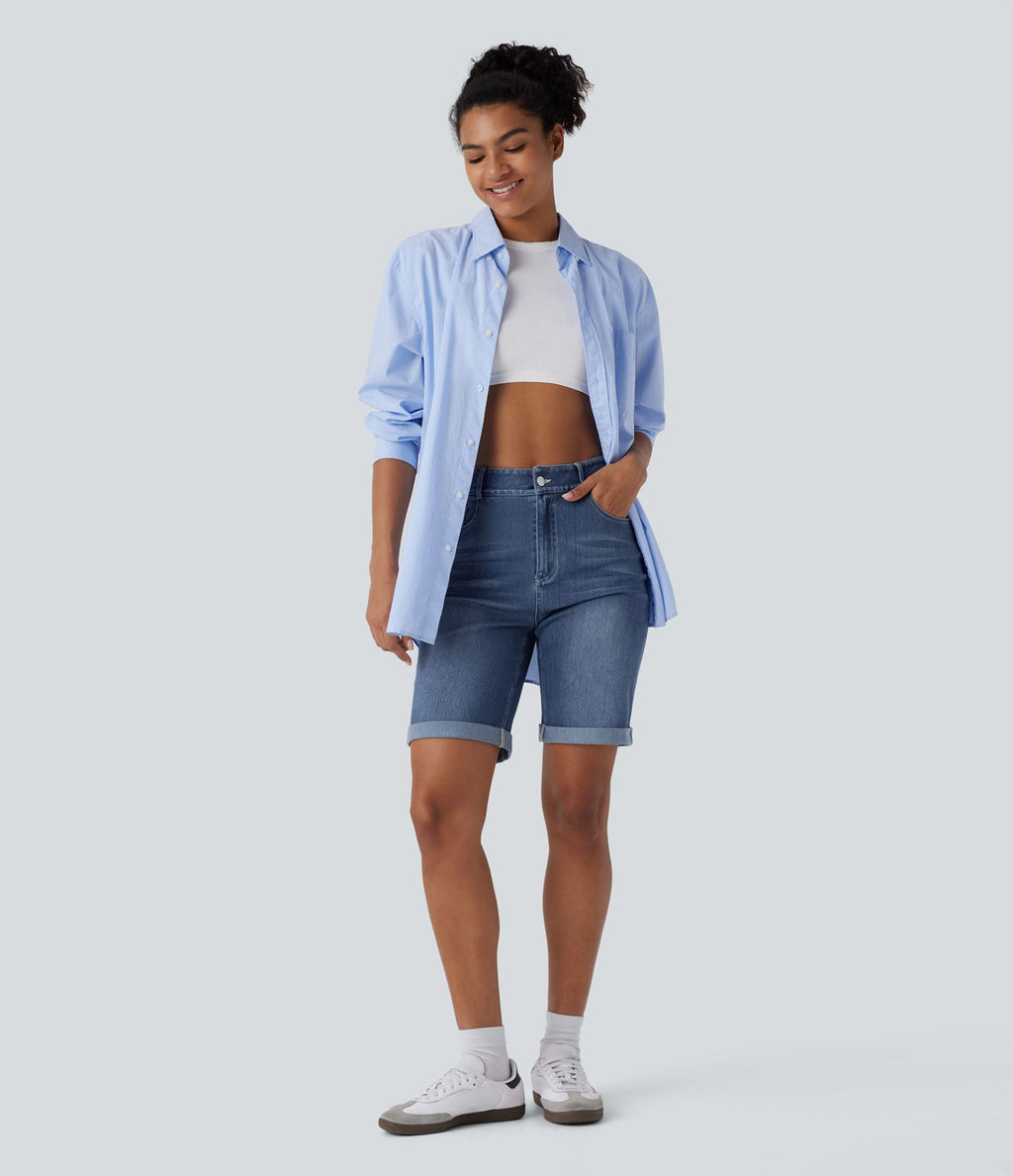 Bermuda décontracté en jean extensible délavé Halara Flex™ taille haute avec revers et multiples poches