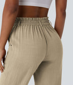 Pantalon capri effet lin taille haute avec poches zippées