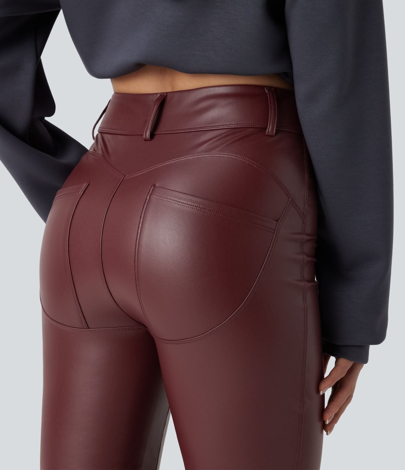 Pantalon évasé décontracté taille haute en tissu enduit doublé polaire extensible avec poches