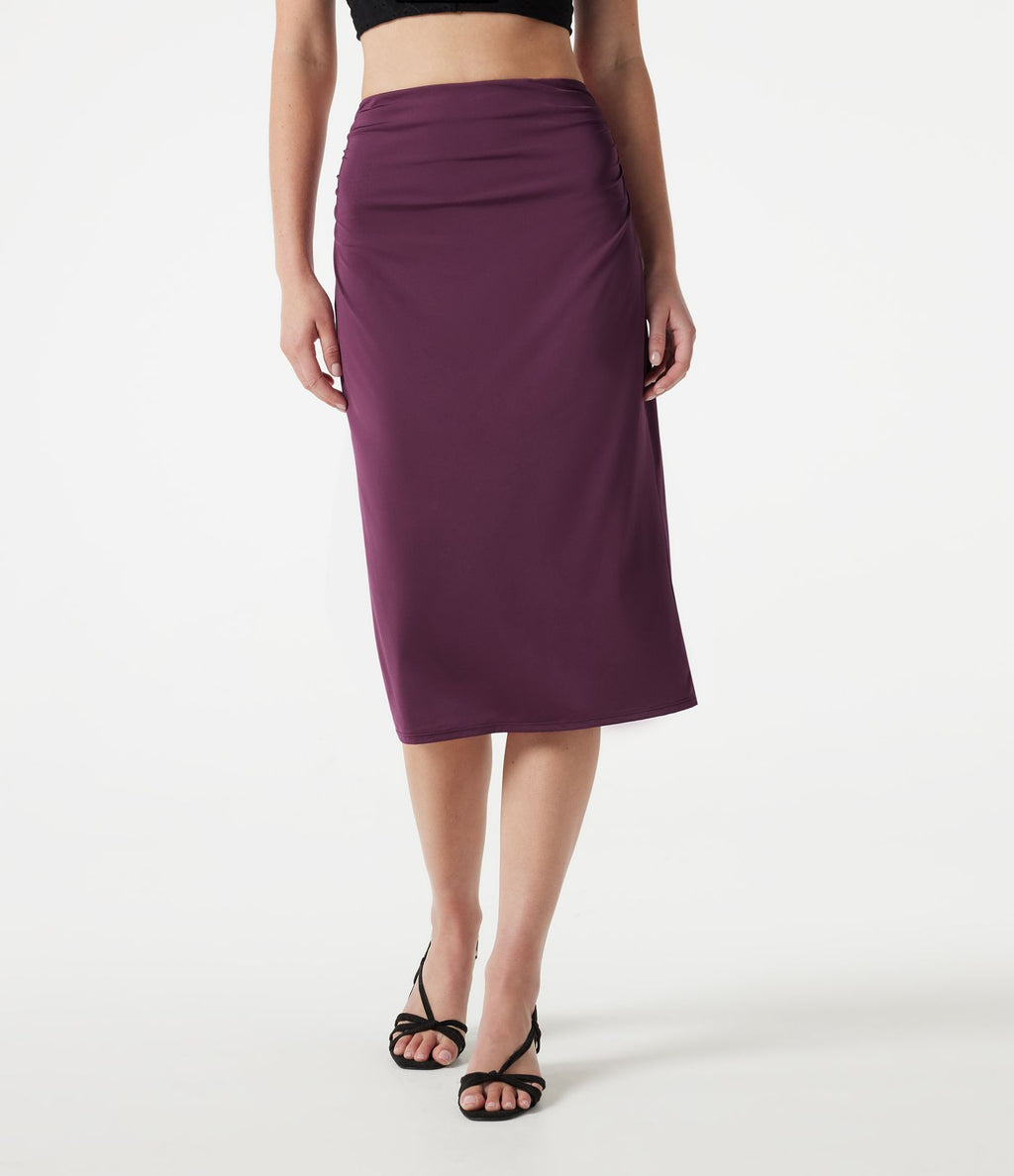 Jupe crayon midi décontracté taille haute extensible aspect satiné à effet frais InstantCool avec fronces