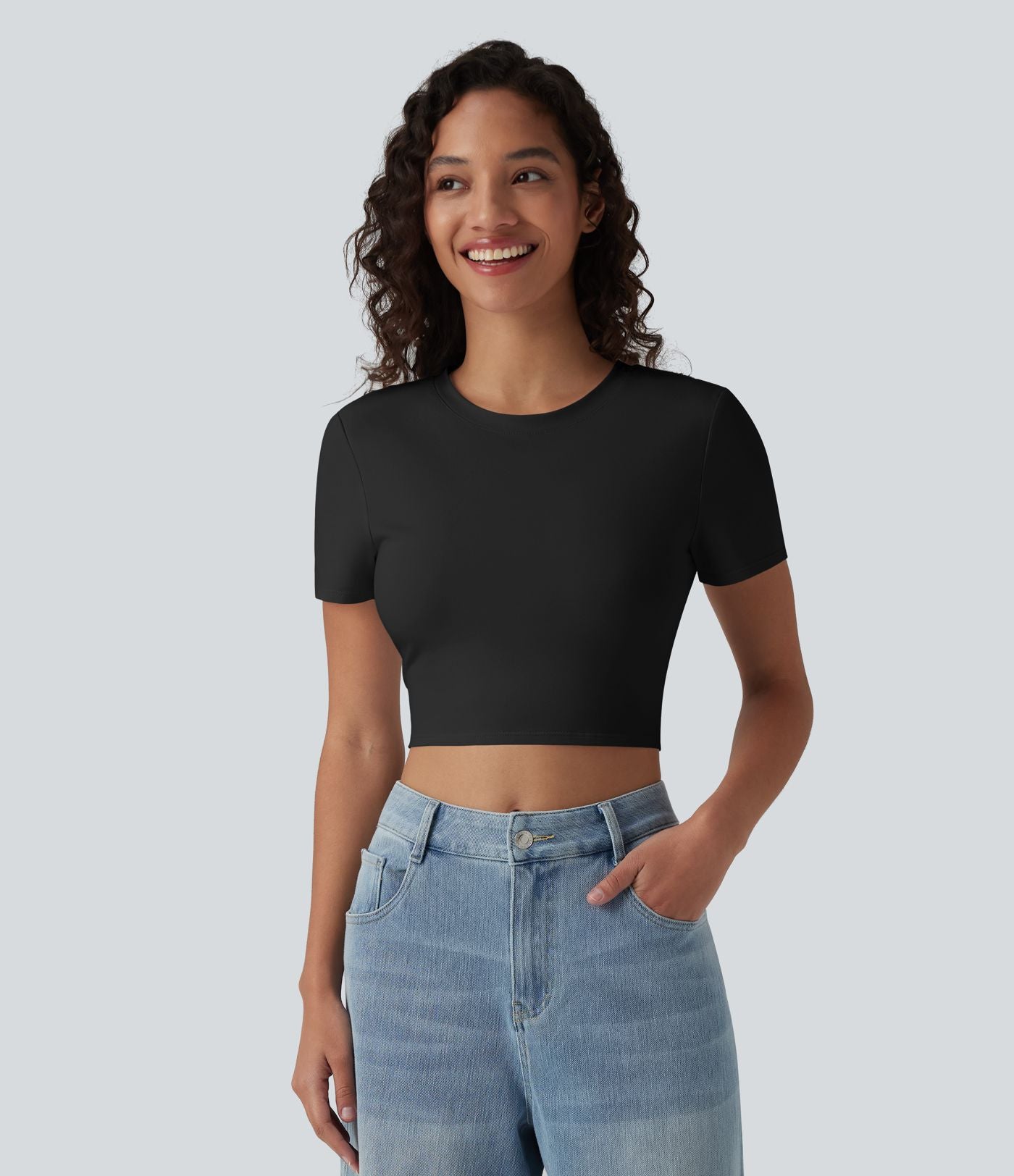 Crop-top Halara décontracté en jersey de coton, col rond, manches courtes