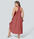 Breezeful™ Dos Nu Racerback Poche Latérale Haut Bas Fluide Midi Séchage Rapide Décontracté Robe Grande Taille
