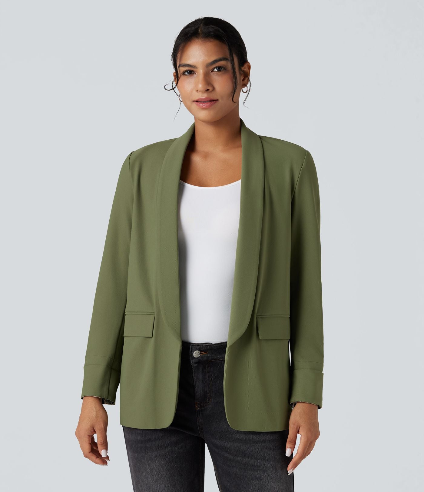 Blazer tailleur sergé imprimé léopard col tailleur manches longues avec poches