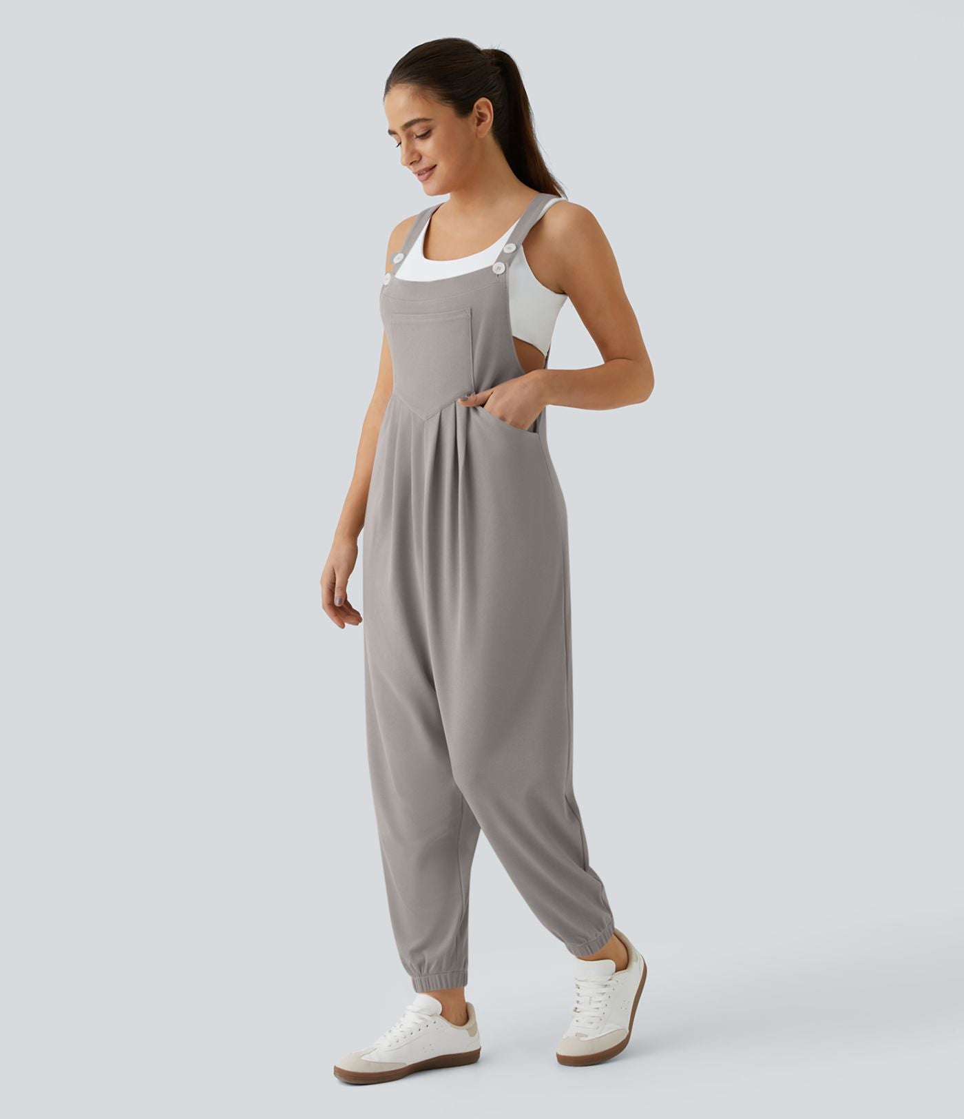 Salopette Casual Bretelles Ajustables Boutonnés Multiples Poches Plis et Tissu Gaufré