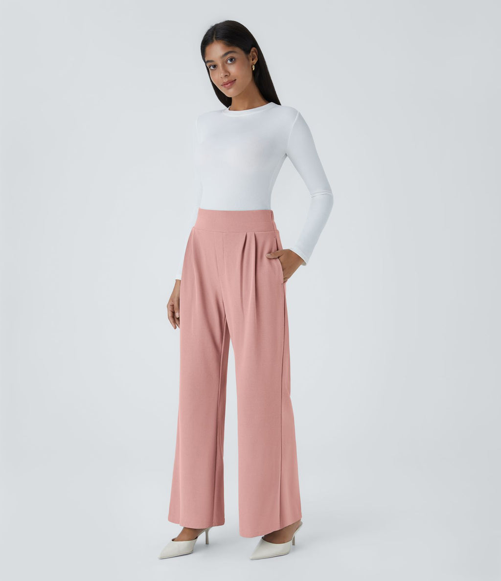 Halara Flex™ Pantalon Tailleur en Tissu Gaufré Taille Haute avec Large Ceinture Plis Poches Latérales Jambes Larges
