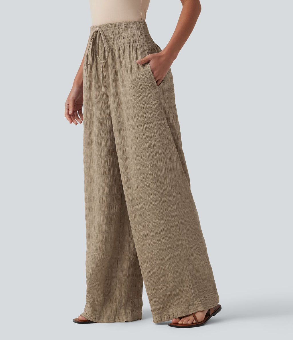 Pantalon large casual texturé taille mi-haute avec cordon de serrage et poches – Style resort