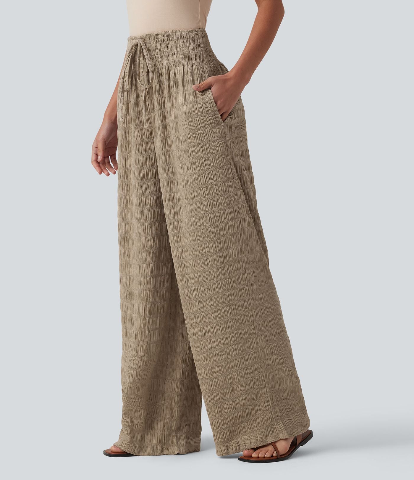 Pantalon large casual texturé taille mi-haute avec cordon de serrage et poches – Style resort