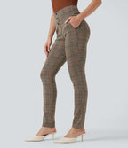 Halara Flex™ Pantalon tailleur Cintrés à Taille Haute avec Boutons Décoratifs Poches Latérales et Imprimé Pied-de-Poule