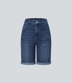 Bermuda décontracté en jean extensible délavé Halara Flex™ taille haute avec revers et multiples poches