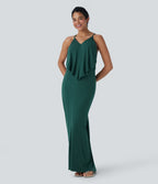 Robe Longue de Vacances avec Col V Dos Nu à Nouer et Fronces