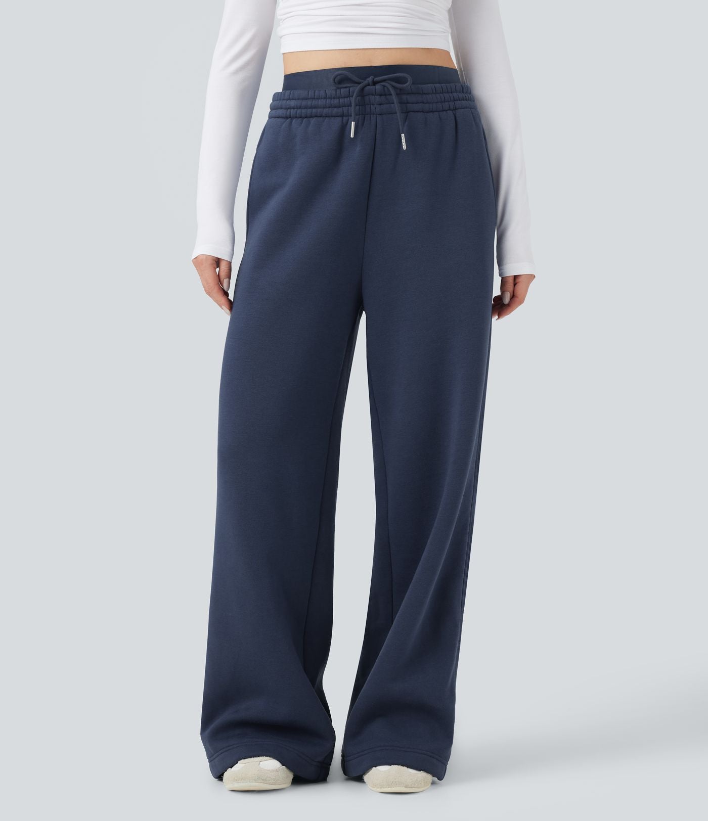Pantalon jogging en coton molleton large taille haute avec cordon et poches