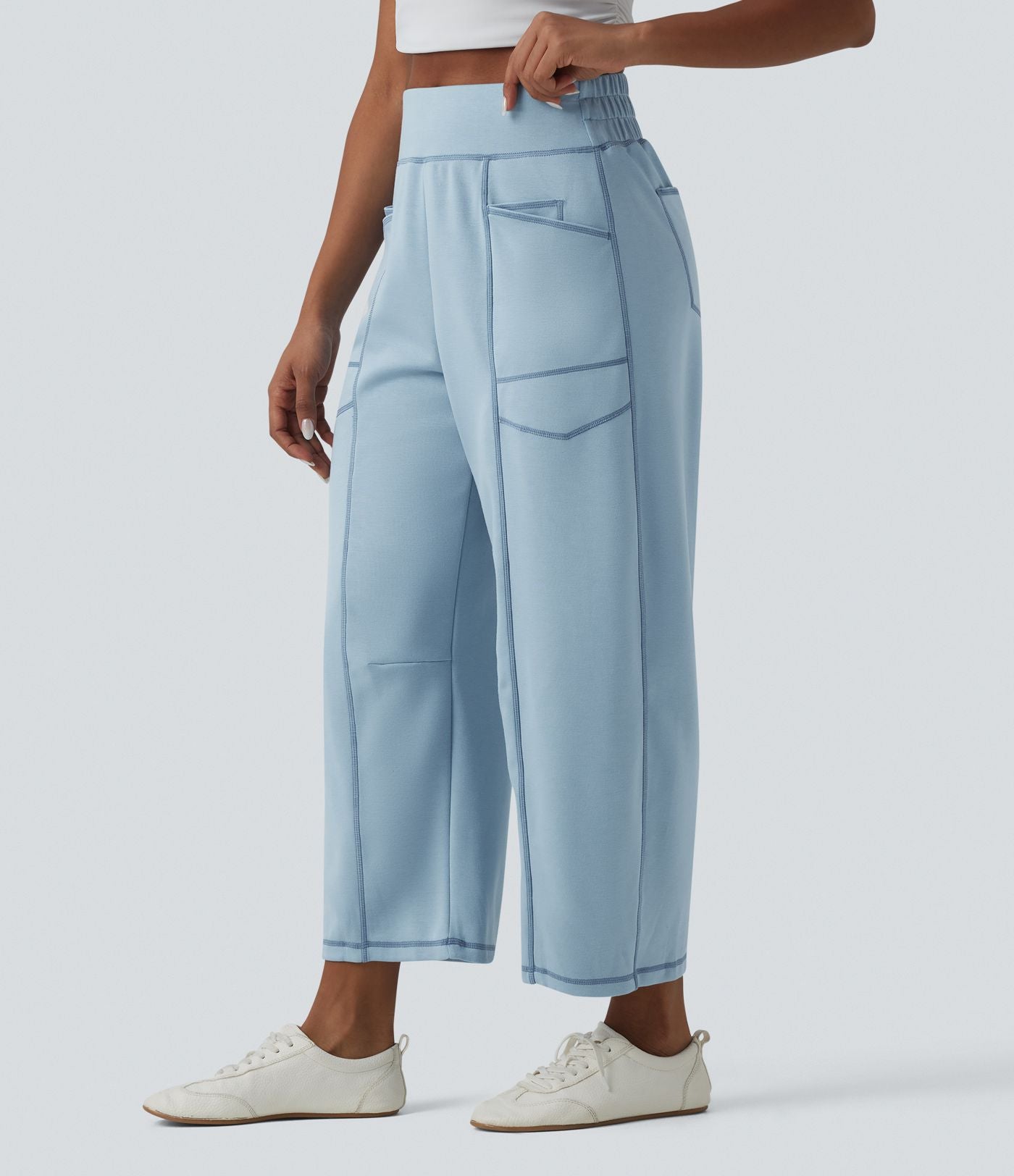 Jogging casual taille haute coupe barrel color block surpiqûres avec poches