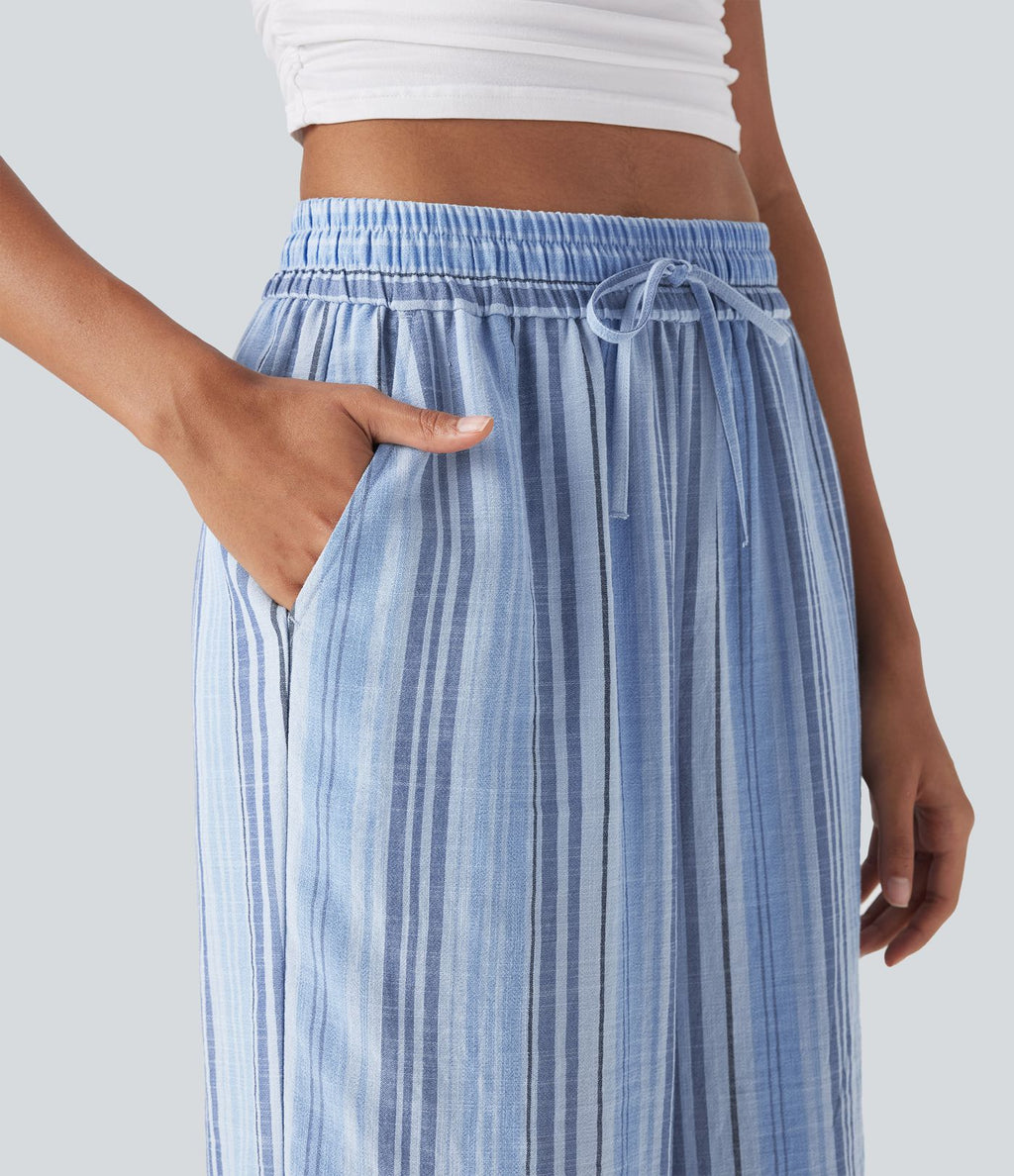 Pantalon large fluide taille haute avec cordon de serrage, rayures, aspect lin et poches latérales