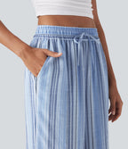 Pantalon large fluide taille haute avec cordon de serrage, rayures, aspect lin et poches latérales