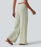 Pantalon large casual taille haute froncé à carreaux vichy avec poches