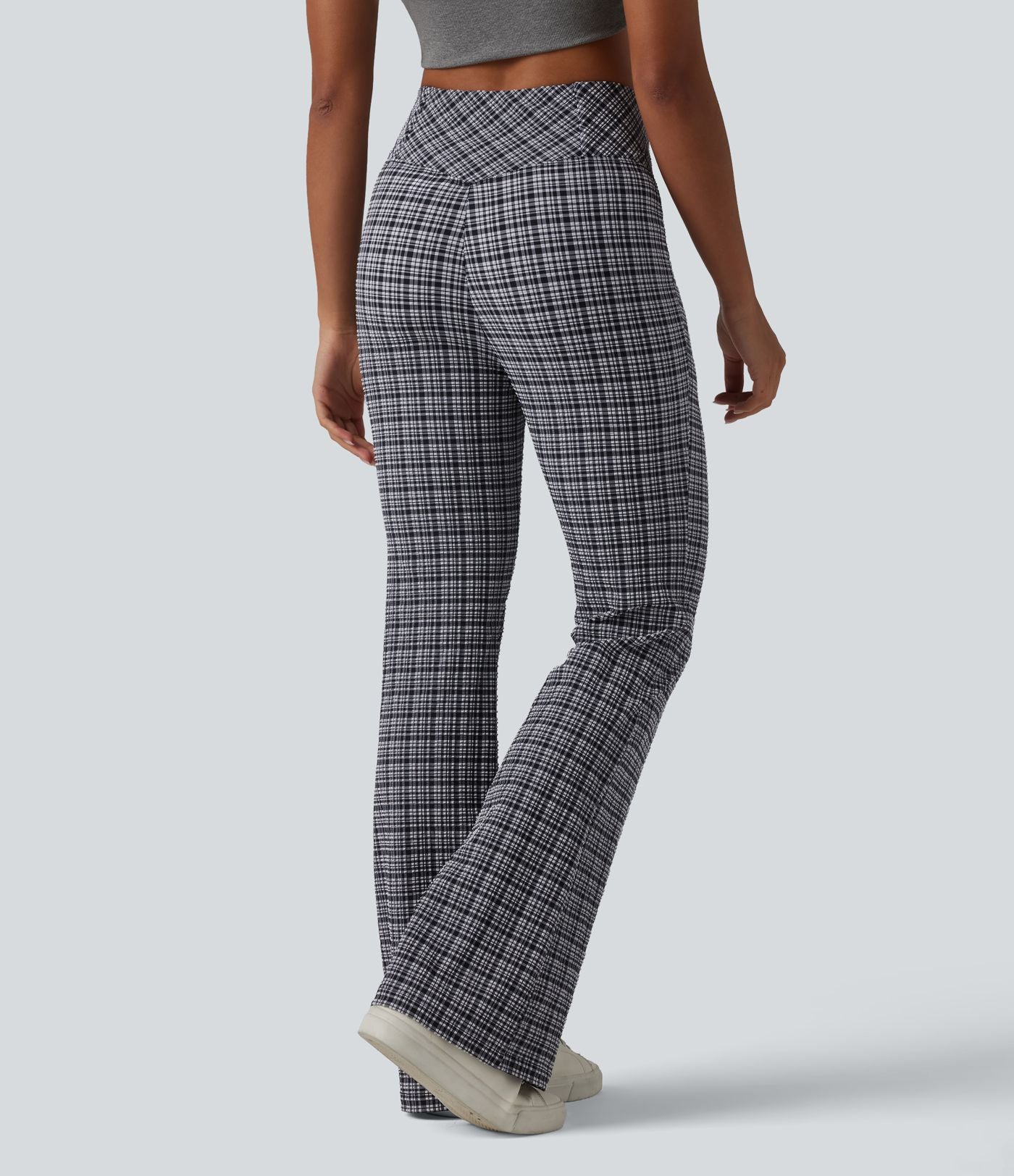 Pantalon évasé taille haute croisée ventre plat à carreaux en tissu froissé séchage rapide avec poches