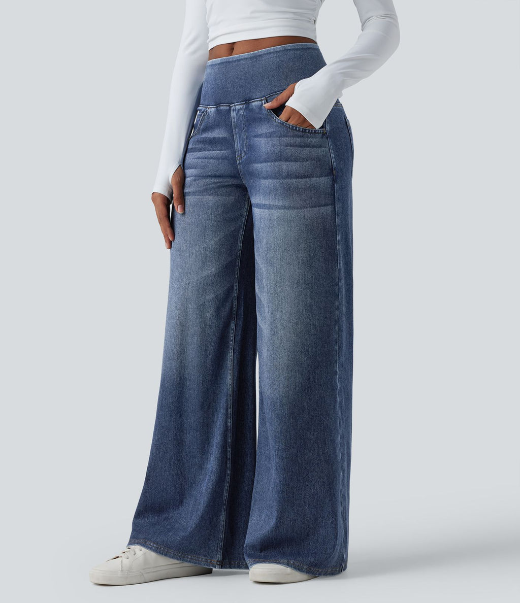 Halara Flex™ Jean large casual baggy taille mi-haute en lyocell drapé effet délavé, avec poches