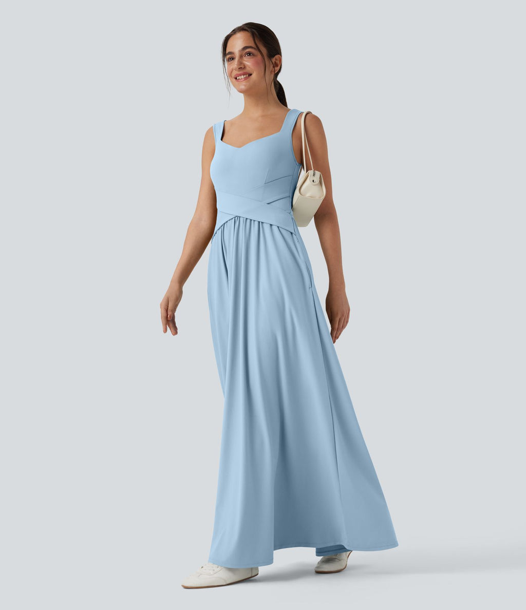 Robe maxi fluide dos nu, avec brassière intégrée et poches
