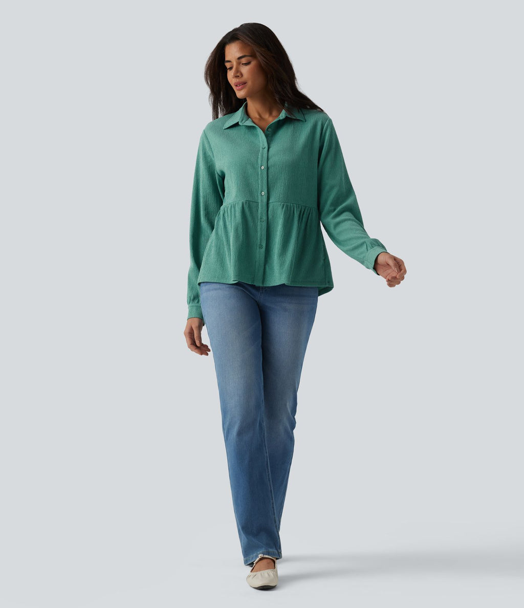 Chemise décontractée peplum à col manches longues avec ourlet à volants effet froissé et poches