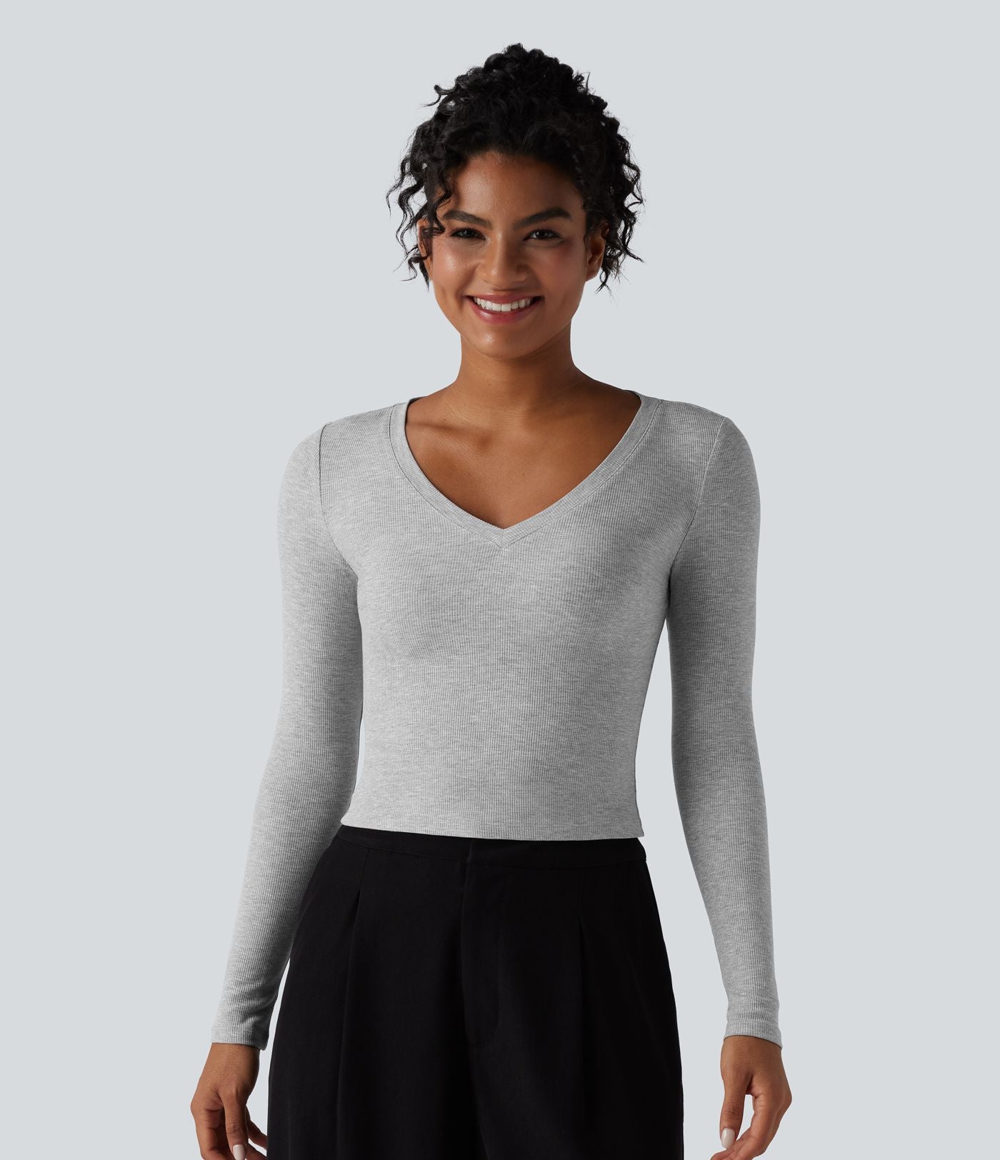 T-shirt tailleur côtelé court col V manches longues