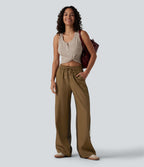 Pantalon ample décontracté taille mi-haute avec cordon de serrage color block rayures léopard contrastant avec poches