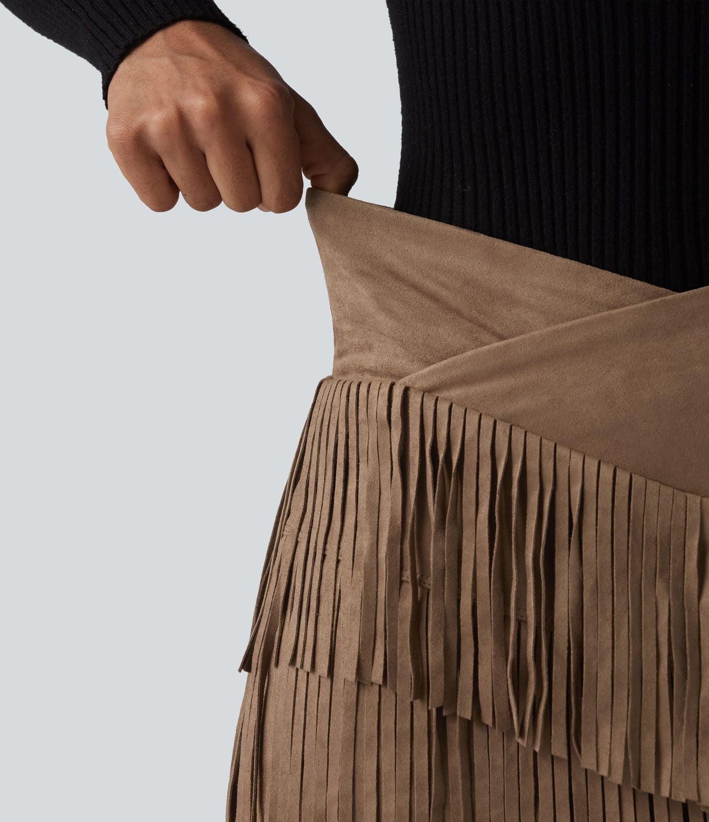 Jupe mini de soirée ajustée effet daim taille haute croisée 2-en-1 à franges