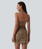 Robe micro mini moulante col américain imprimé léopard