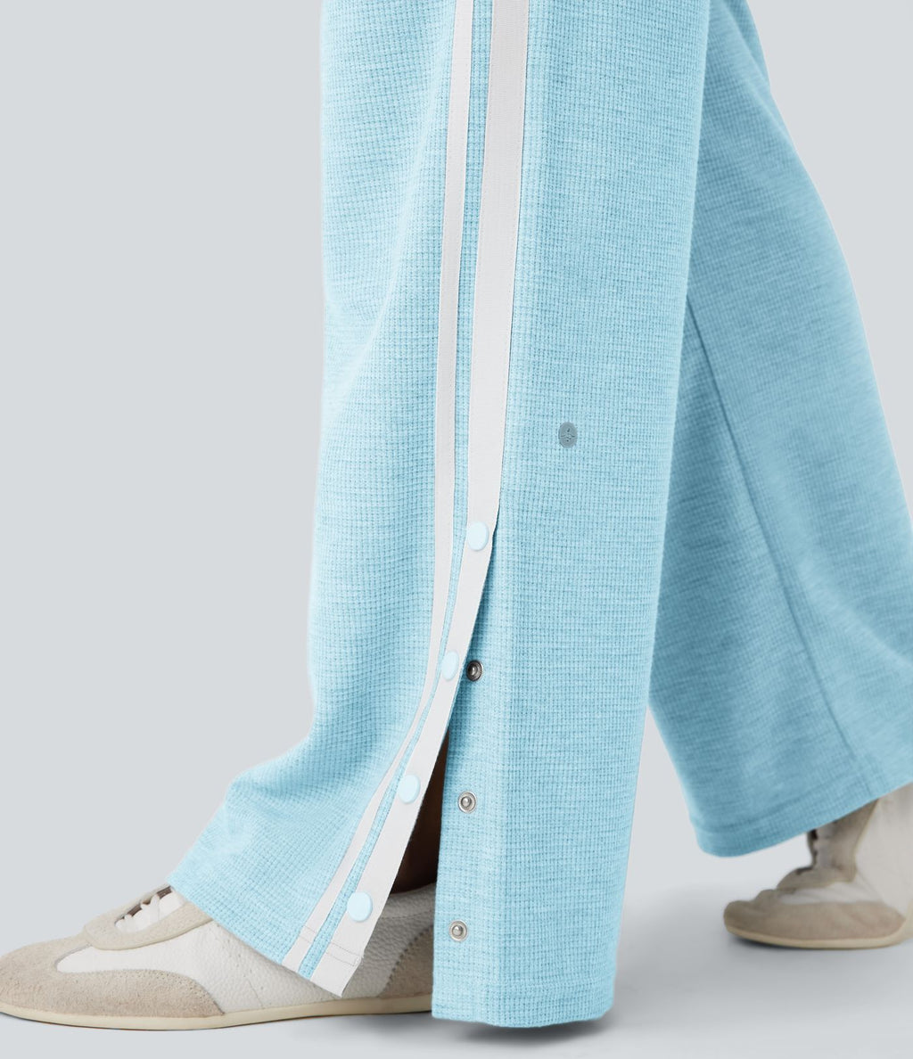 Pantalon jogging décontracté large taille basse à cordon en gaufre à blocs de couleurs avec boutons-pression fendus et poches