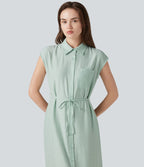 Robe chemise midi décontractée en mélange de lin, col classique, manches cape, ceinturée, ourlet arrondi fendu avec poches