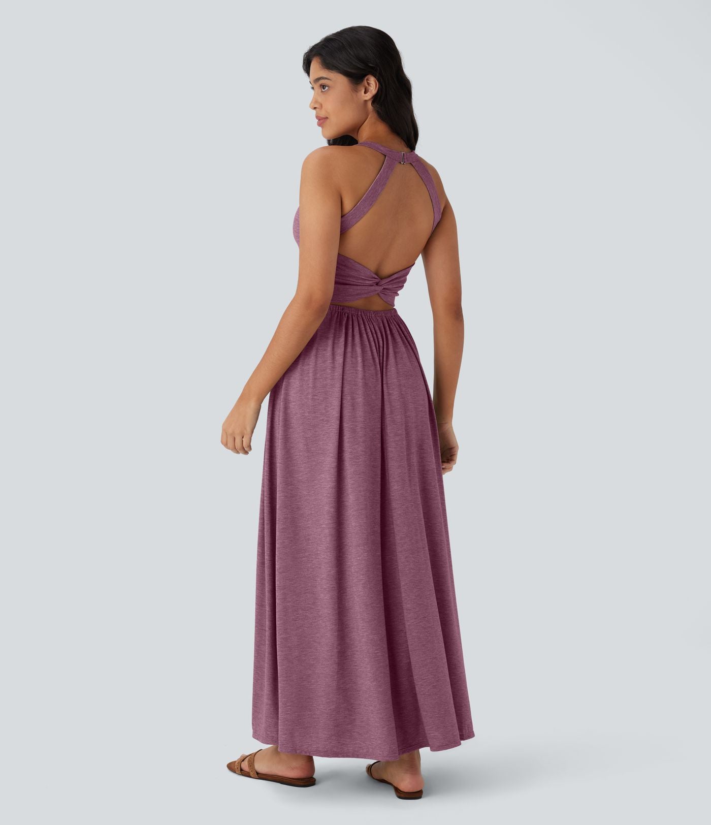 Robe longue fluide fendue avec poches latérales, dos nu et effet torsadé