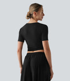 T-shirt décontracté col V manches courtes coupe courte