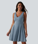 Robe évasée décontractée Halara Flex™ en denim à col V sans manches et drapée en lyocell lavé