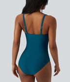Maillot de bain une pièce gainant push-up col Queen Anne bretelles ajustables torsadé froncé