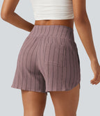 Short casual taille haute ourlet arrondi rayures avec poches