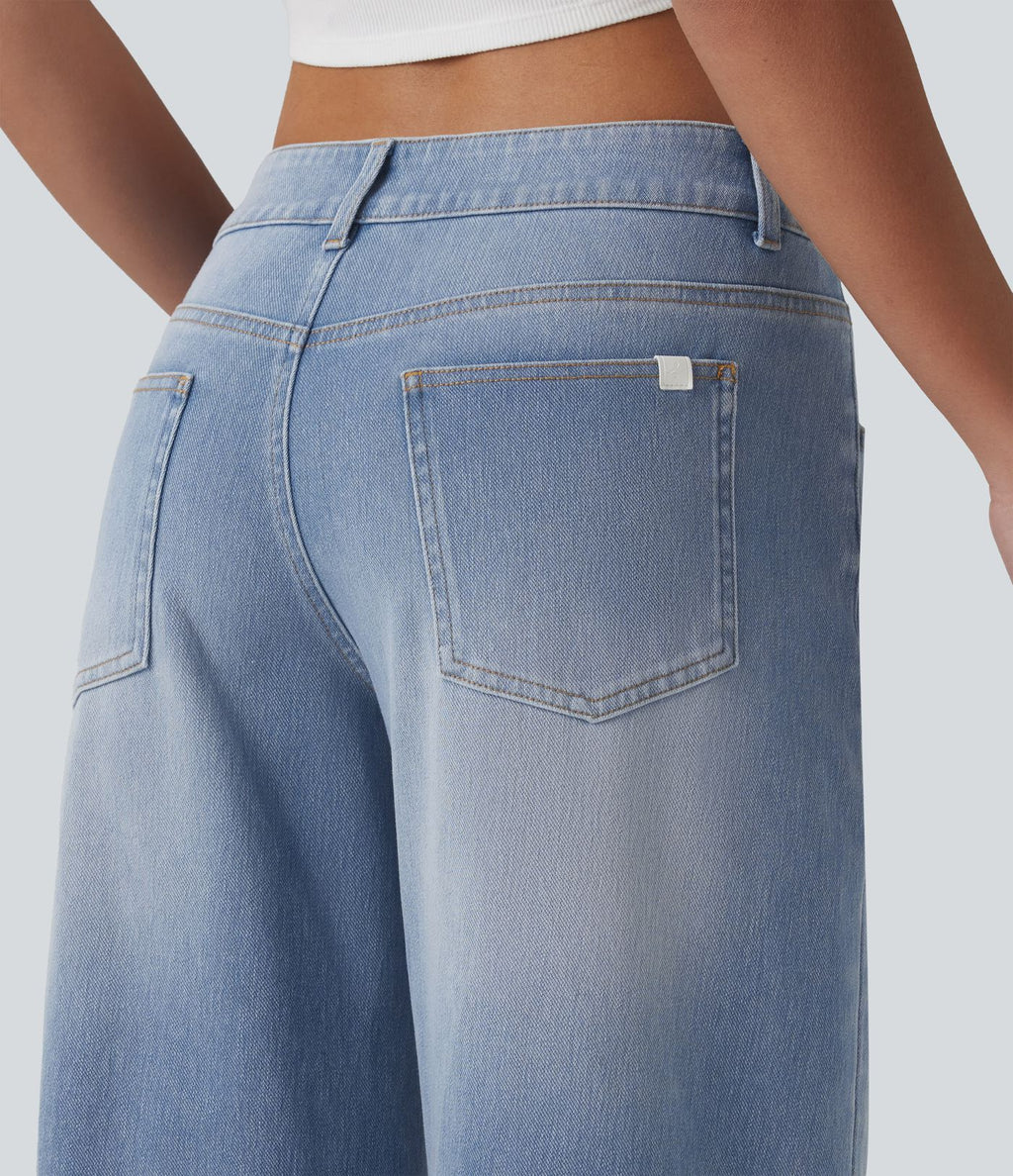 Halara Flex™ Jean large asymétrique taille basse avec bouton, fermeture éclair et poches multiples, délavé et extensible en maille