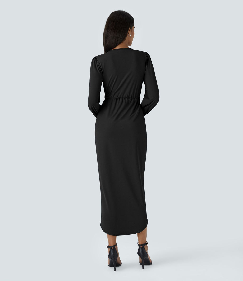 Robe de Soirée Mi-longue à Col V, Manches Longues, Plis et Ourlet Tulipe