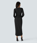 Robe de Soirée Mi-longue à Col V, Manches Longues, Plis et Ourlet Tulipe